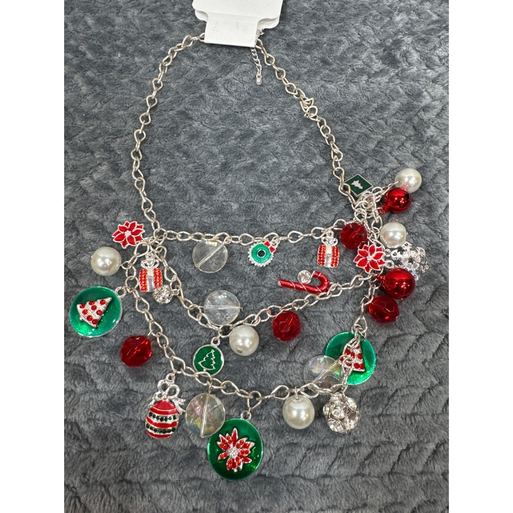 Charming Charlie Christmas Charm Statement Necklace Silver Tone Multi Strand NEW - Picture 2 of 4